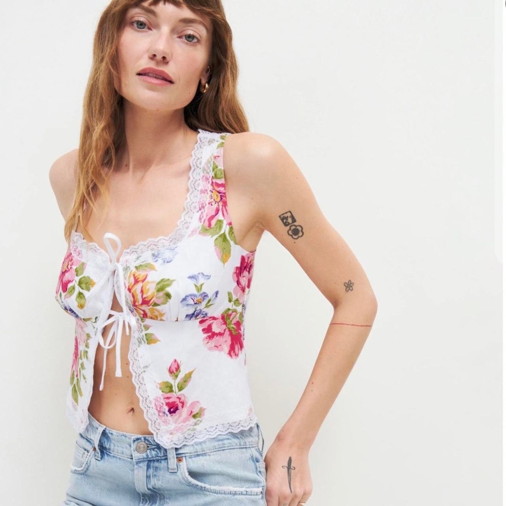 Reformation Rosalie White and Floral Tie-Front Top